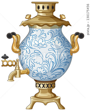 Traditional Russian Samovar with Blue Floral Ornament 130175456