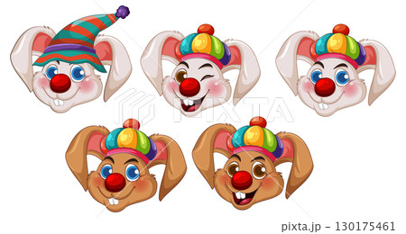 Cartoon Clown Rabbit Faces With Colorful Hats 130175461