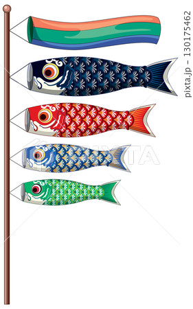 Colorful Japanese Koinobori Carp Streamers on Flagpole Vector 130175462