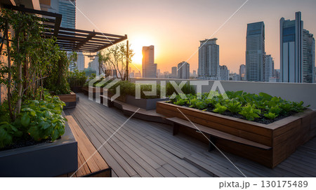 An AI-assisted rooftop garden with smart sensors and hydroponics setup growing fresh vegetables under warm light. Ideal for eco-tech and smart cities. 130175489