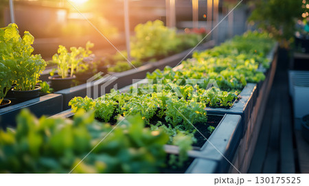 An AI-assisted rooftop garden with smart sensors and hydroponics setup growing fresh vegetables under warm light. Ideal for eco-tech and smart cities. 130175525