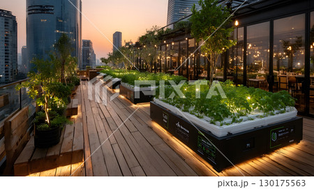 An AI-assisted rooftop garden with smart sensors and hydroponics setup growing fresh vegetables under warm light. Ideal for eco-tech and smart cities. 130175563