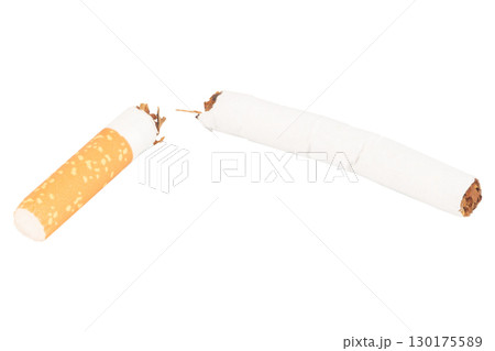 Broken Cigarette with Tobacco Spilling Out on White Background Broken Cigarette with Tobacco Spilling Out on White Background 130175589