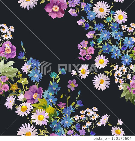 Floral Frame in Gouache Painting Style , Wildflowers, Daisies, and Cornflowers on Dark Background for Fabric, Wallpaper, and Surface Design Floral Frame in Gouache Painting Style , Wildflowers, Daisies, and Cornflowers on Dark Background for Fabric, Wallpaper, and Surface Design 130175604