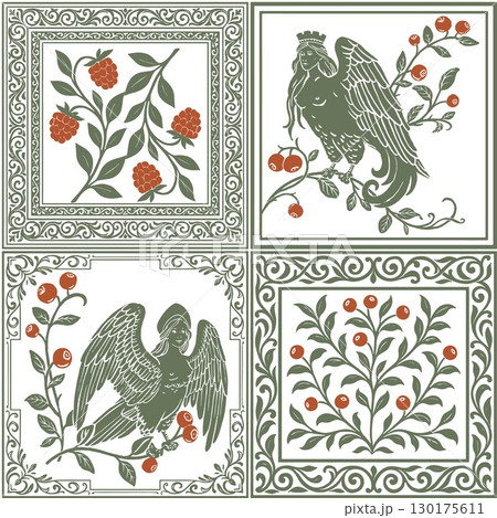 Slavic Mythology Alkonost Bird-Women and Floral Ornaments, Vintage Folk Art Square Tile Pattern with Berries 130175611