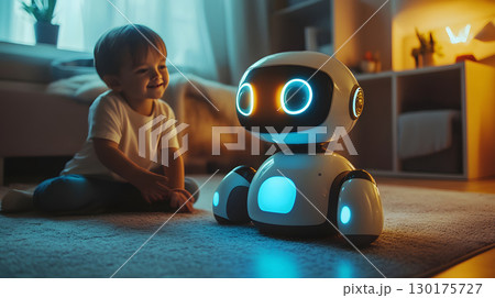 An adorable AI robot pet playing joyfully with a child inside a futuristic yet cozy home. Perfect for tech, toy, and AI product concepts. An adorable AI robot pet playing joyfully with a child inside a futuristic yet cozy home. Perfect for tech, toy, and AI product concepts. 130175727