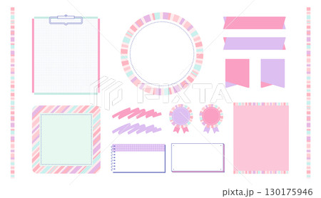 カラフルなストライプデザインセット ピンクと紫のフレーム・バナー・リボン素材 130175946