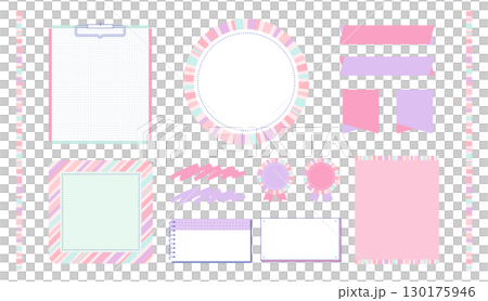 カラフルなストライプデザインセット ピンクと紫のフレーム・バナー・リボン素材 130175946