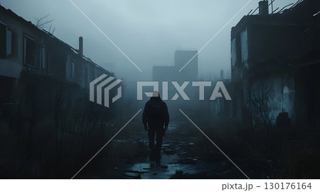 A lone survivor moves through a foggy, ruined city after an apocalyptic event. Great for storytelling, game design, and dramatic art. 130176164