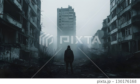 A lone survivor moves through a foggy, ruined city after an apocalyptic event. Great for storytelling, game design, and dramatic art. A lone survivor moves through a foggy, ruined city after an apocalyptic event. Great for storytelling, game design, and dramatic art. 130176168