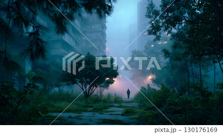 A lone survivor moves through a foggy, ruined city after an apocalyptic event. Great for storytelling, game design, and dramatic art. A lone survivor moves through a foggy, ruined city after an apocalyptic event. Great for storytelling, game design, and dramatic art. 130176169