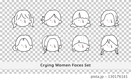Sad woman's face icon set line drawing Sad woman's face icon set line drawing 130176181