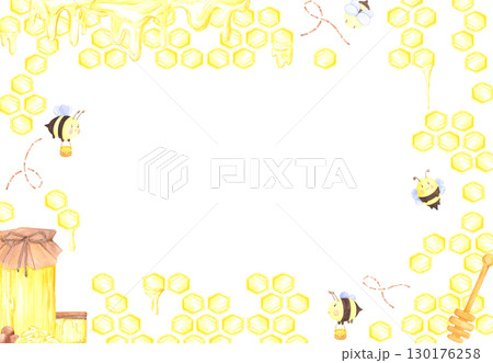 Golden honey comb with honey jar propolis and bees frame border, hand drawn watercolor illustration isolated on white background. Can be used for cards, invitation and other printed products. 130176258