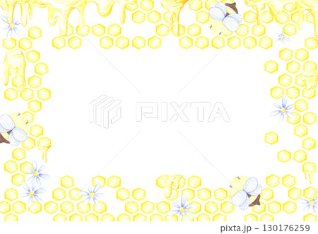 Golden honey comb frame border, hand drawn watercolor cell with bees and chamomile illustration isolated on white background. Can be used for cards, invitation and other printed products. 130176259