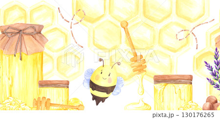 Golden honey comb jars bee seamless frame border, hand drawn watercolor illustration isolated on white background. Can be used for cards, textile tape and other printed products. 130176265