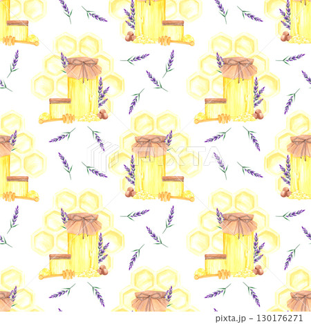 Golden honey comb with lavender, hand drawn watercolor jar and dipper seamless pattern. Illustration isolated on white background. Can be used for textile, fabric scrapbook and other printed products. 130176271