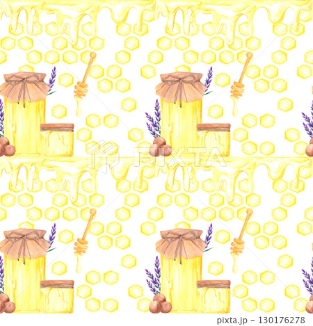 Golden honey comb with lavender, hand drawn watercolor jar and dipper seamless pattern. Illustration isolated on white background. Can be used for textile, fabric scrapbook and other printed products. 130176278