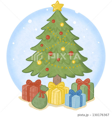 クリスマスツリーとプレゼント 丸 青 背景 130176367