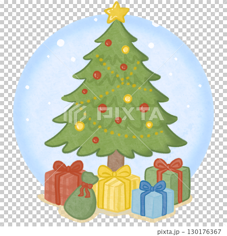 Christmas tree and presents circle blue background 130176367