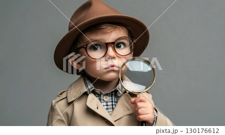 Cute Toddler Detective with Magnifying Glass 130176612