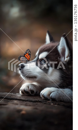 A playful husky puppy watches a butterfly land near its nose, displaying curiosity in a softly lit forest environment A playful husky puppy watches a butterfly land near its nose, displaying curiosity in a softly lit forest environment 130176756