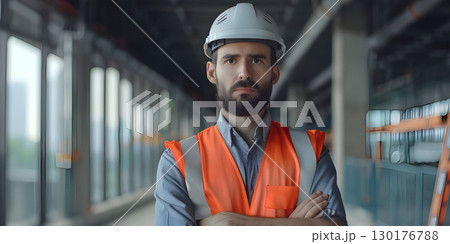 Confident male architect in warning vest with safety helmet background, Happy Labor Day - Ai Generated 130176788