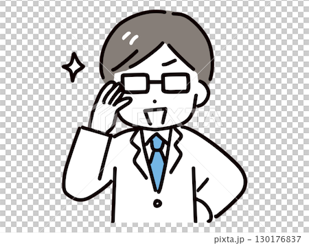 一位身穿白大褂、戴著眼鏡的年輕男子微笑著，眼鏡閃閃發光（上身，正面） 130176837