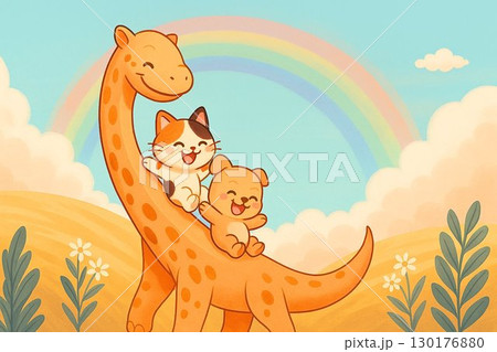 子猫と子犬が恐竜の長い首を滑り降りて遊ぶファンシーイラスト 130176880