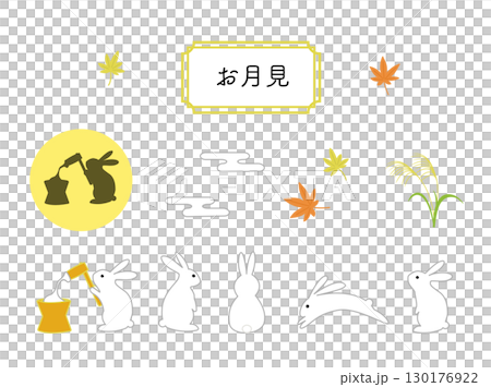 Moon viewing - simple illustration of rabbit and full moon - full moon, fifteenth night, maple leaves 130176922