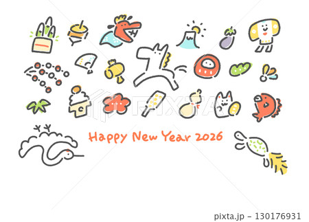 白馬と正月の縁起物の手描きのかわいい和風年賀状　2026 松竹梅・富士山・鶴亀 130176931