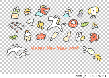 白馬と正月の縁起物の手描きのかわいい和風年賀状　2026 松竹梅・富士山・鶴亀 130176931