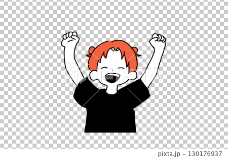 Hand-drawn illustration of a cheerful girl posing with her fist pump (white background, line drawing style) 130176937