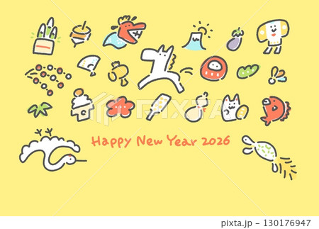 白馬と正月の縁起物の手描きのかわいい和風年賀状　2026 松竹梅・富士山・鶴亀 130176947
