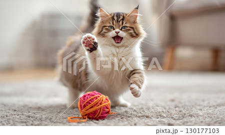 Energetic cat playing with yarn ball on a rug Energetic cat playing with yarn ball on a rug 130177103