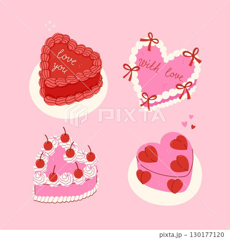 Set of heart shaped cakes in pink and red colors. Vector graphics. 130177120