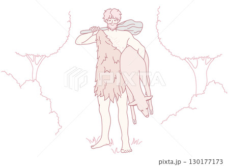 A caveman character depicted wearing a prehistoric outfit alongside an animal companion A caveman character depicted wearing a prehistoric outfit alongside an animal companion 130177173