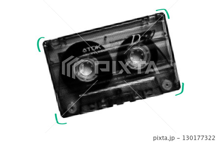 Retro halftone cassette tape in grunge style. Vintage dotted texture. Trendy 90s collage style design element. Retro halftone cassette tape in grunge style. Vintage dotted texture. Trendy 90s collage style design element. 130177322