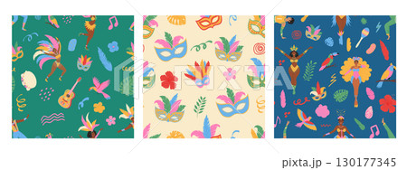 Brazil carnival seamless pattern set. Masks, exotic bird, dancing people, flowers. Modern vector illustration Brazil carnival seamless pattern set. Masks, exotic bird, dancing people, flowers. Modern vector illustration 130177345