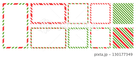 Christmas candy cane frame set. Red and green striped borders. Rectangle and square borders in red and green lollipop style. 130177349