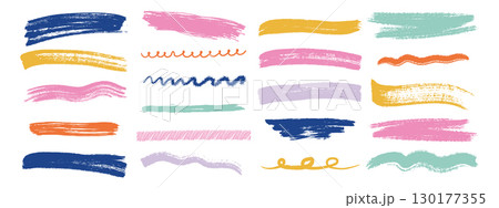 Scrawl underline doodle collection. Grunge chalk and crayon brush strokes. Vector hand drawn brush sketch element set. 130177355