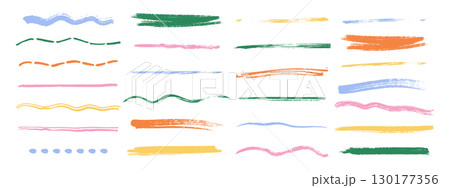Colorful chalk and crayon underline strokes set. Hand drawn pastel brush lines, wavy and curly scrawl elements. Vector illustration. 130177356