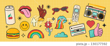 8 bit retro y2k elements icon set. Pixel art object. Retro 80s,90s video game graphics. Soda, lips, arrow, gesture, glasses, telephone. 8 bit retro y2k elements icon set. Pixel art object. Retro 80s,90s video game graphics. Soda, lips, arrow, gesture, glasses, telephone. 130177392