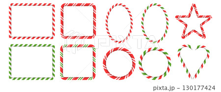 Christmas striped candy frame set. Red and green cane patterns for decorative borders, greeting cards, and banners. Rectangle, circle, star, and heart shapes in lollipop style. Christmas striped candy frame set. Red and green cane patterns for decorative borders, greeting cards, and banners. Rectangle, circle, star, and heart shapes in lollipop style. 130177424