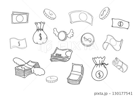 Money set doodle paper banknote, cash, coins sketch line. Collection funny comic budget. Dollar doodle sign symbol set. Hand drawn Dollar icon Money set doodle paper banknote, cash, coins sketch line. Collection funny comic budget. Dollar doodle sign symbol set. Hand drawn Dollar icon 130177541