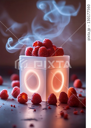 A stylish arrangement of fresh raspberries inside a cylindrical container with subtle backlighting.  130177560