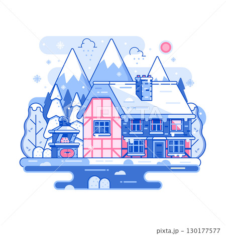 Winter Rural Home on Snowy Landscape in Line Art 130177577