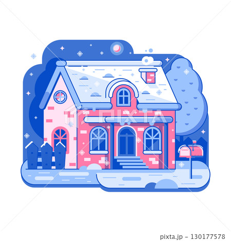 Winter Rural Home on Snowy Landscape in Line Art 130177578