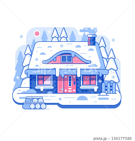 Winter Rural Home on Snowy Landscape in Line Art 130177580