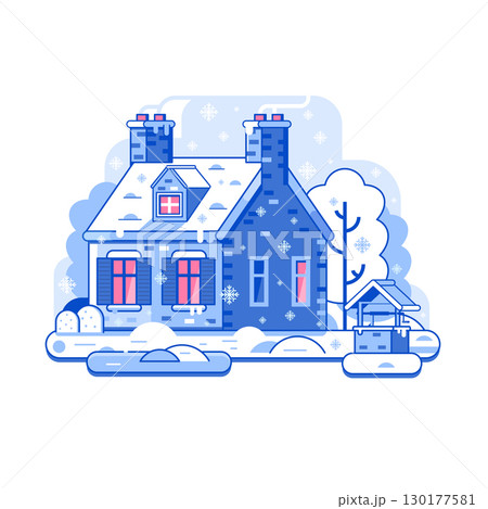 Winter Rural Home on Snowy Landscape in Line Art 130177581
