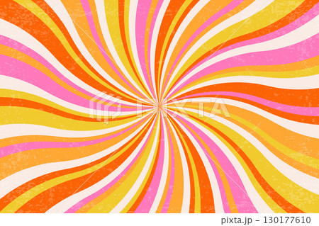 Retro groovy background with pattern of spiral rays. Sunburst psychedelic wavy illustration for summer poster. Swirl radial 70s abstract vector graphic with grunge texture 130177610